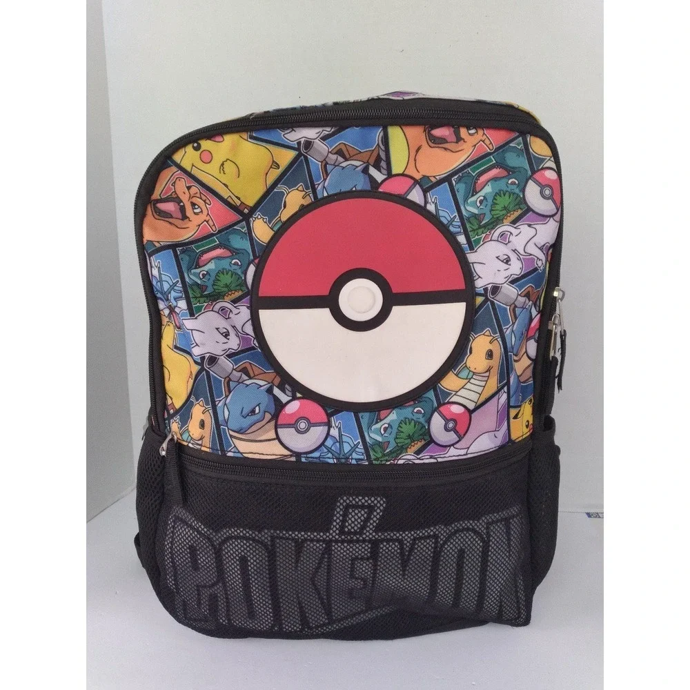 Pokemon Colorful Character Print Backpack with Large Pokeball Design School Bag